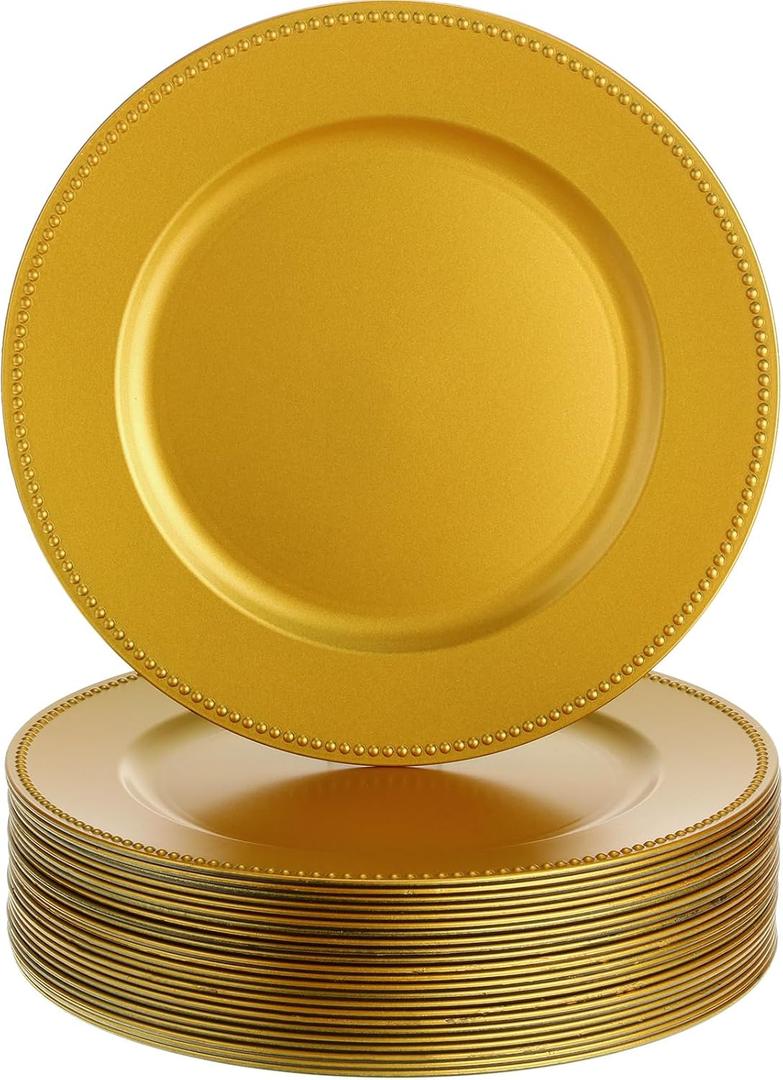Dandat 50 Pack 13 Inch Plastic Round Dinner Plates with Beaded Rim - Reusable Charger Service Plates for Wedding Party Dinner Table Decoration (Gold)