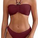 ZAFUL Women's Halter Bandeau Bikini Beaded Tie Back String Bikini Set Push Up Two Piece Swimsuit Bathing Suits (Medium, Red16)