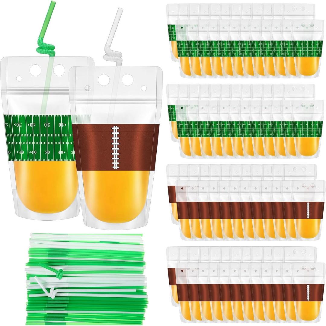 Yungyan 100 Set 16 oz Football Drink Pouches Football Party Favors Decorations Reclosable Zipper Pouche Juice Bags for Birthday Gameday Tailgate Decorations, 5.12 x 9.06 x 1.57 inches