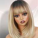FANCEE Highlight Blonde Layered Wigs with Bangs 14 Inch Short Ombre Blonde Balayage Glueless Ready-to-Go Straight Synthetic Bob Wigs for Women Realistic Scalp Dark Roots Daily Cosplay Use
