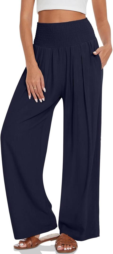 TARSE Womens Summer Linen Palazzo Pants Boho High Waisted Wide Leg Casual Long Lounge Pant Trousers with Pockets (Blue, M)