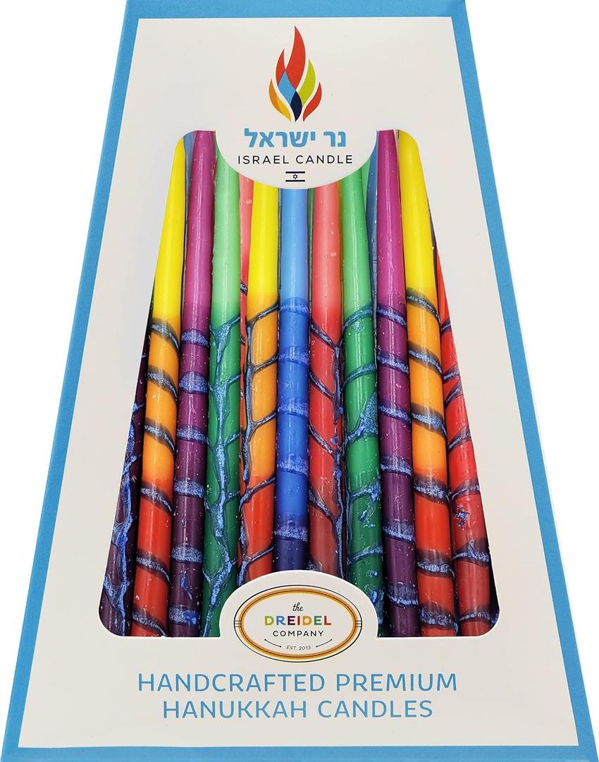 The Dreidel Company Dripless Hanukkah Candles, Multicolored Ombre Striped Deluxe Tapered Decorations, 1 Hour Burn Time, Chanukkah 45 Menorah Candles Box for All 8 Nights of Chanukah