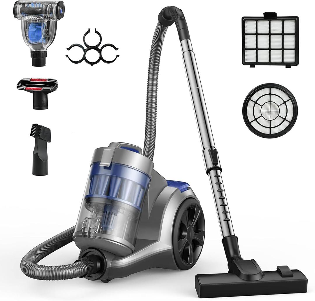 Aspiron 1700W Canister Vacuum Cleaner, 45Kpa Bagless Vacuum Cleaner, Multi-Cyclonic Filtration, 2 Anti-Allergen HEPA Filters, 3.5QT Dust Cup, 4 Tools, No Hair Tangles for Hard Floor, Pet Hair, Azure