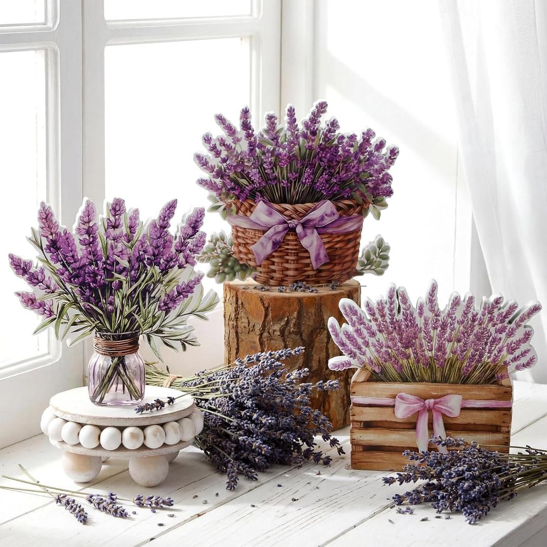 3 Pcs Lavender Table Decor Lavender Wood Signs Retro Centerpiece for Tiered Tray Floral Block Tabletop Signs for Home Plaque Housewarming Gift