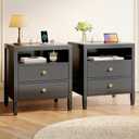 Huuger Black Nightstand Set of 2, Night Stand with Charger Station, Bedside Table with 2 Drawers, Bed Side Tables for Bedroom, Modern Nightstands, Metal Knobs, Painted Surface