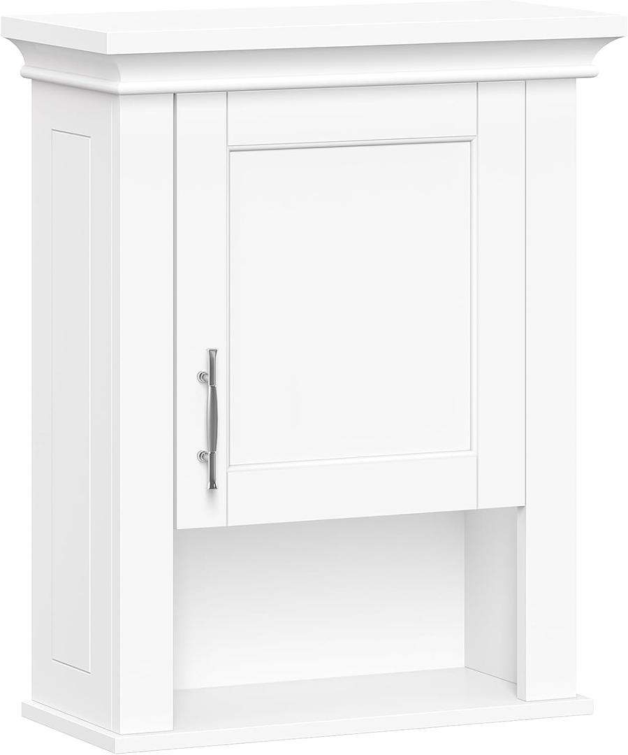 RiverRidge Somerset Single Door Wall Cabinet - Bathroom Medicine Cabinet with Inset Door, Coved Top Shelf, 2 Interior Shelves & Open Display Shelf  Elegant Bathroom Cabinet for Expanded Storage