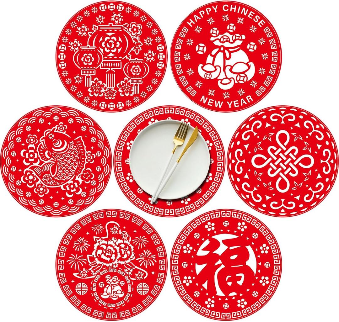 Havawish 48 Pcs Chinese New Year Placemats 2026 Decorations Lunar New Year Paper Place Mat Disposable 13 Inch Round Red Happy Horse Table Mat for Spring Festival Party Decor Kitchen Dining