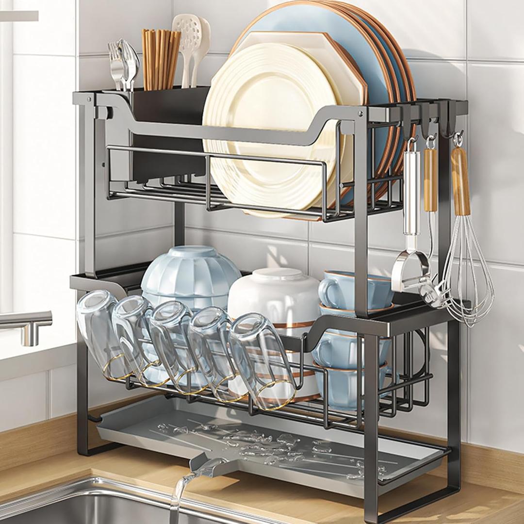 HABITLLO 2-Tier Dish Drying Rack with Drainboard, Large Capacity Dish Racks for Kitchen Counter Shelf with Utensil, Cups, Cutlery & Cutting Board (Black)