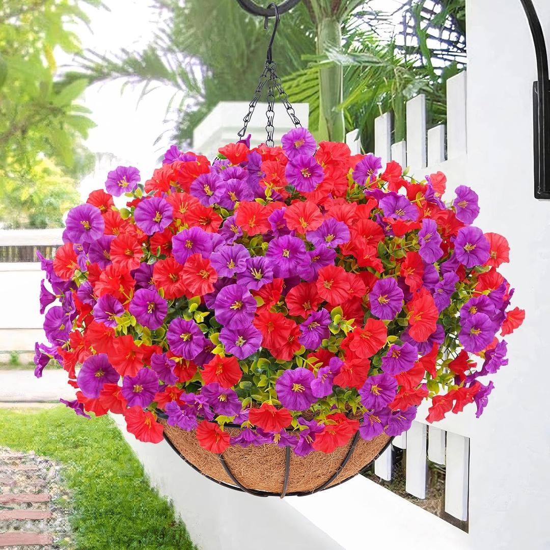 Elyum Artificial Hanging Flowers for Outdoors, Fake Flowers Artificial Petunias Hanging Baskets for Outdoors, UV Resistant Fake Hanging Plants Flowers for Outside Garden Patio Porch Decor