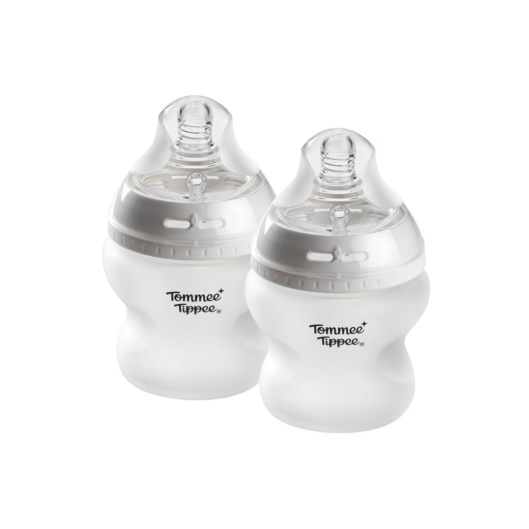 Tommee Tippee Silicone Coated Glass Baby Bottles for Feeding, 5 0z, Anti-Colic, 0+ Months, Slow Flow Breast-Like Nipple, Shatter-Proof Glass, BPA Free, Pack of 2