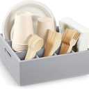 Wood Utensil Holder for Party, 6-Compartment Paper Plate Organizer with Handles, Wooden Silverware Caddy for Picnic, Camping, BBQ, Buffet, and Kitchen Countertop Organization, Gray