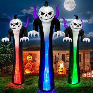 12FT Halloween Inflatables Decoration Outdoor Giant Pumpkin Reaper Ghost Built-in 3-Colored Rotation Flame LED Halloween Blow Up Yard Decorations Spooky Outdoor Party Yard Lawn (1PCS)