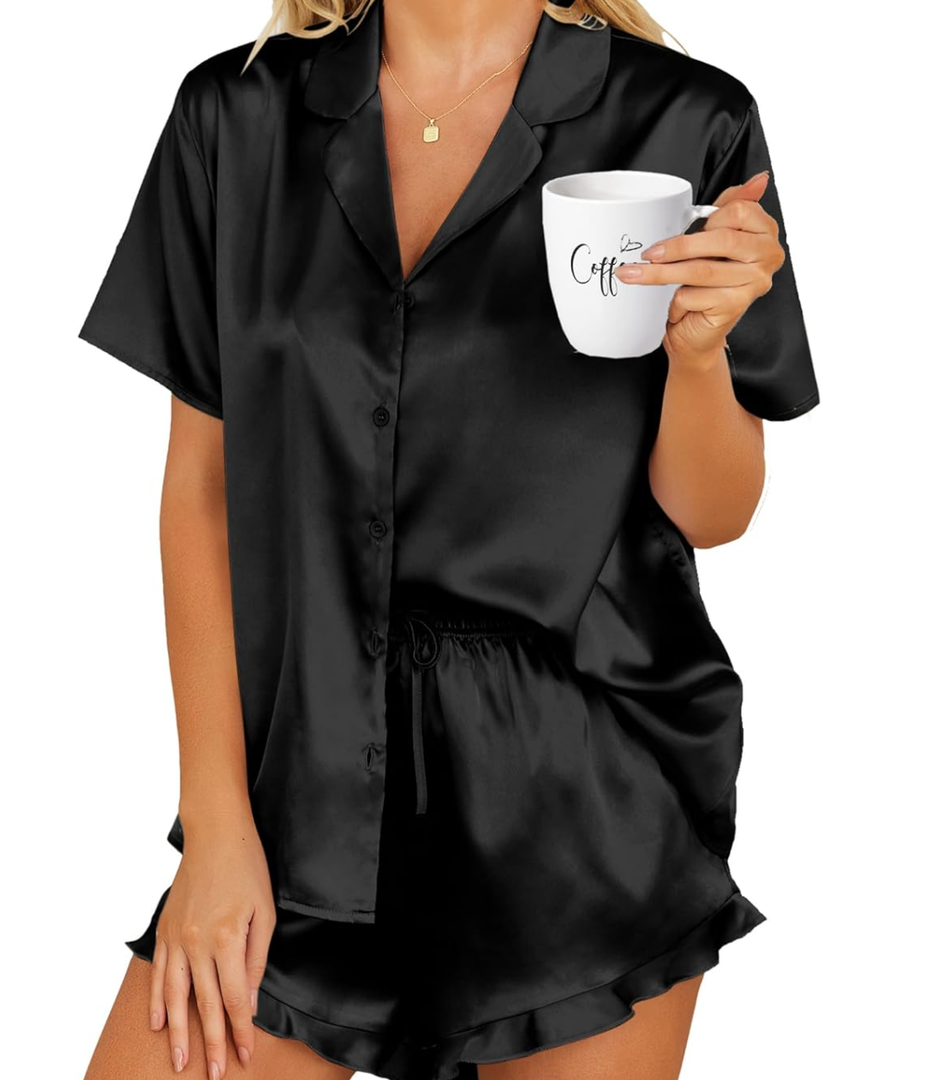 HOTOUCH Womens Satin Pajamas Set Button Down 2 Piece Silk Pjs Shorts Set Ruffle Lingerie Notch Collar Sleepwear, Size L