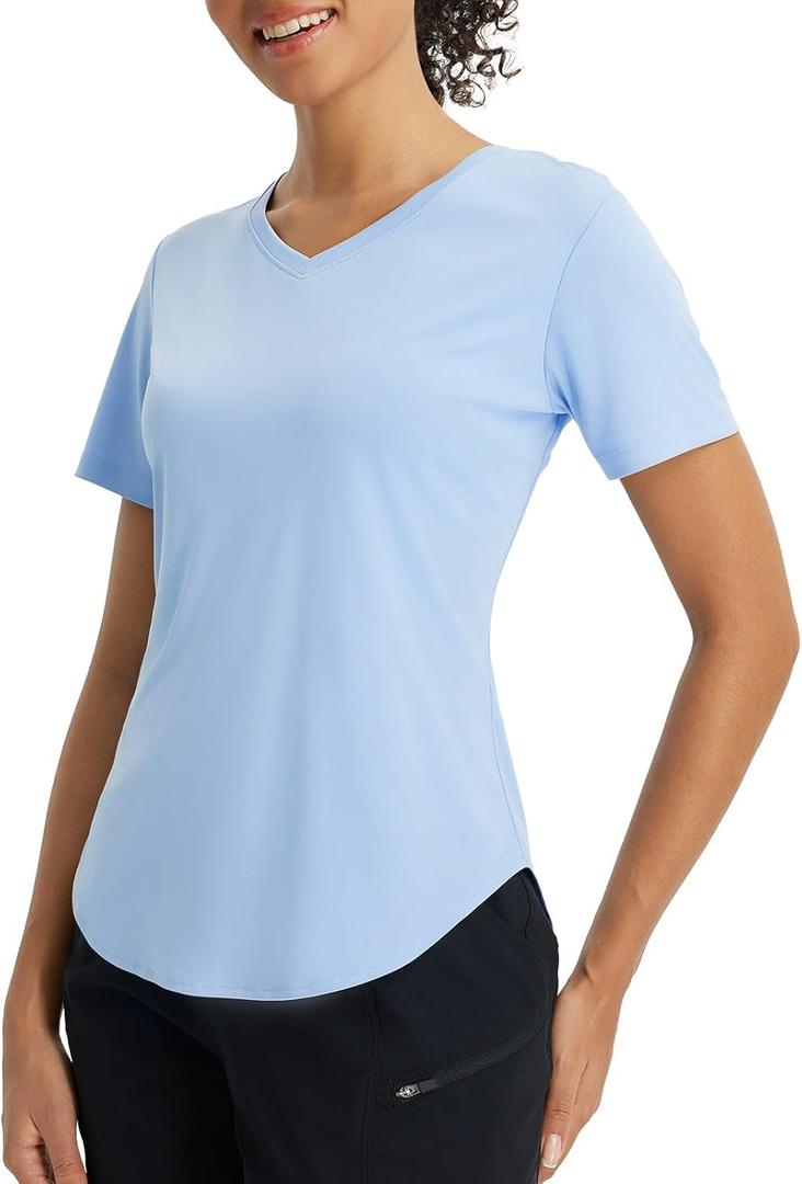 Baleaf Women's Short Sleeve Shirts UPF 50+ Sun Shirt V Neck UV Workout Moisture Wicking Quick Dry T-Shirts (Large) Light Blue