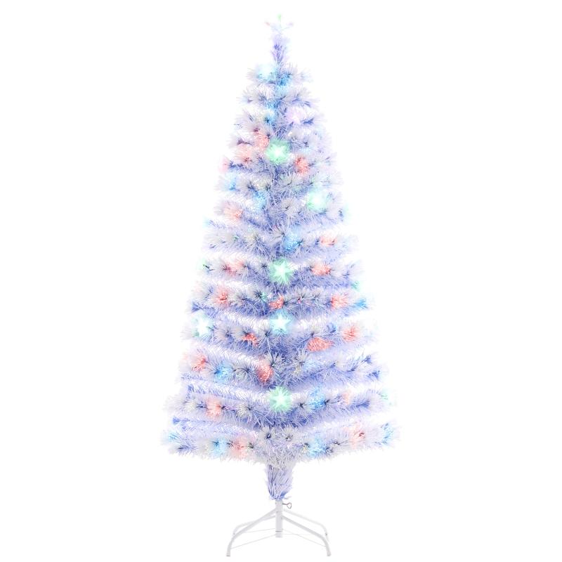 Juegoal 5ft Pre-Lit Artificial Christmas Tree, Lighted Optical Fiber Xmas Trees with Color Changing LED Lights, Snowflakes & Top Star, Party Home Holiday Fake Multicolored Tree with Metal Legs, White