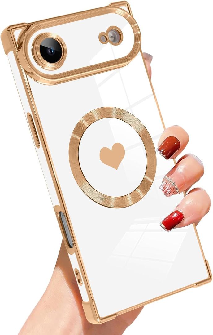 SAKUULO Case for iPhone Air Cute Plating Case[Compatible with Magsafe] for Women Girls Electroplated Heart Soft TPU Shockproof Camera Protection Bumper Cover for iPhone Air 6.5",White