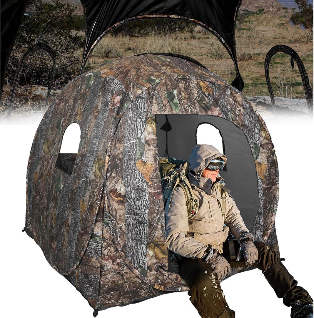 Hunting Blind with Floor Mat, 360 Degree See Through Ground Blind with Carrying Bag, 2/3/4 Person Pop Up Camouflage Tent Portable Concealed Shelter