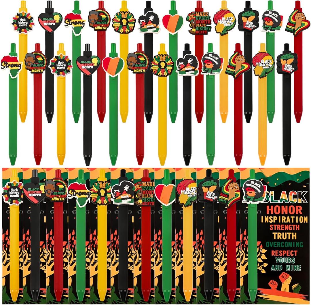 LiYiQ 48 Pcs Black History Month Gifts Cute Fun Ballpoint Pens with Bookmark Kawaii Rainbow Heart Map and Victory Fist Shape Funny Pens Bulk for School Office Home Student Kids Present