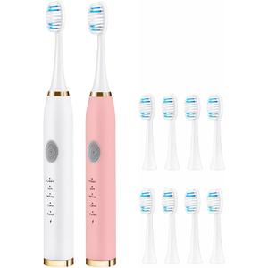 2 Pack Electric Toothbrush for Adults, Travel Electric Toothbrush Includes 10 Replacement Brush Heads, 5 Modes, 2 Hours Charge for 45 Days (White & Pink)