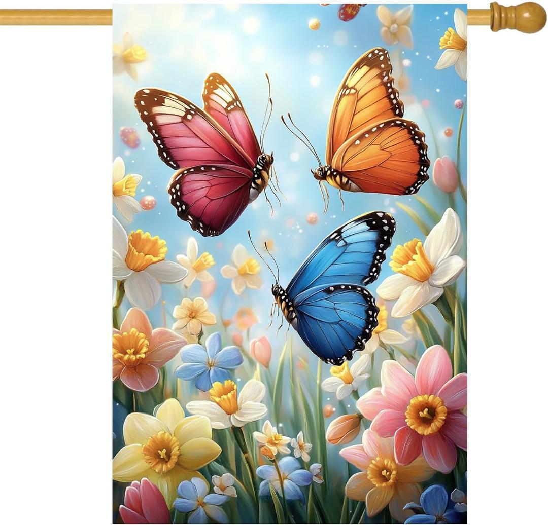 Large Spring Summer Garden Flags for Outside 28 x 40 Double Sided, Spring Summer House Flags, Burlap Seasonal Outdoor Flag Butterfly Narcissus Floral Farmhouse Yard Decorations