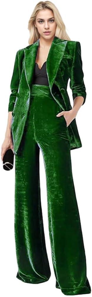 Women's 2 Piece Velvet Suit Office Work Suit Notch Lapel Double Breasted Blazer Pants Business Suit Set (Green, S)