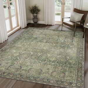 8X10 Area Rugs Machine Washable Rugs for Living Room, Vintage Boho Large Rugs for Bedroom Dining Room, Non Slip Indoor Soft Distressed Lightweight Thin Low Pile Carpet, Green