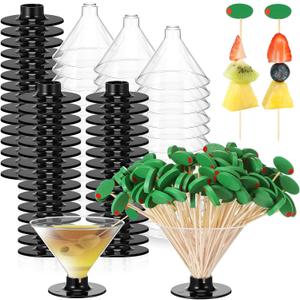 Remerry 70 Plastic Martini Glasses and 150 Olive Cocktail Picks Set 5 oz Disposable Plastic Martini Cups Clear Mini Dessert Glasses for Weddings Party Wine Appetizers Food(Black)