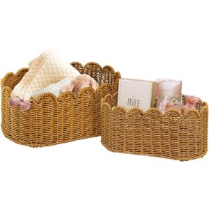 Rattan Picnic Basket Set of 2, Wicker Picnic Basket with Scalloped Edge, Garden Harvest Basket, Woven Baskets for Vegetable & Fruit, Mocha