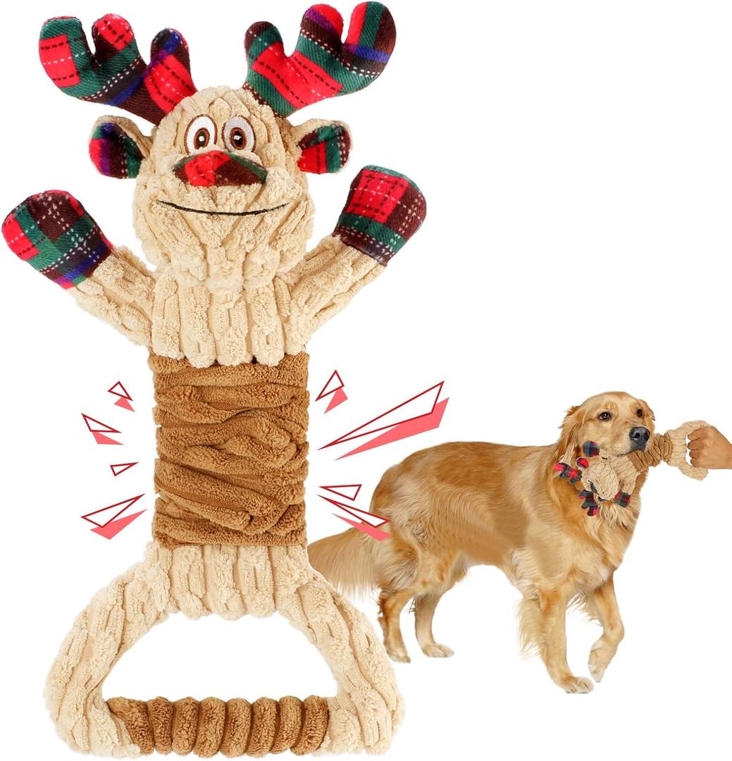 Squeak Christmas Dog Toys Plush Dog Toy with Crinkle Paper Tug of War Pull Interactive Dog Toys for Puppies Small Medium and Large Dogs (Elk)