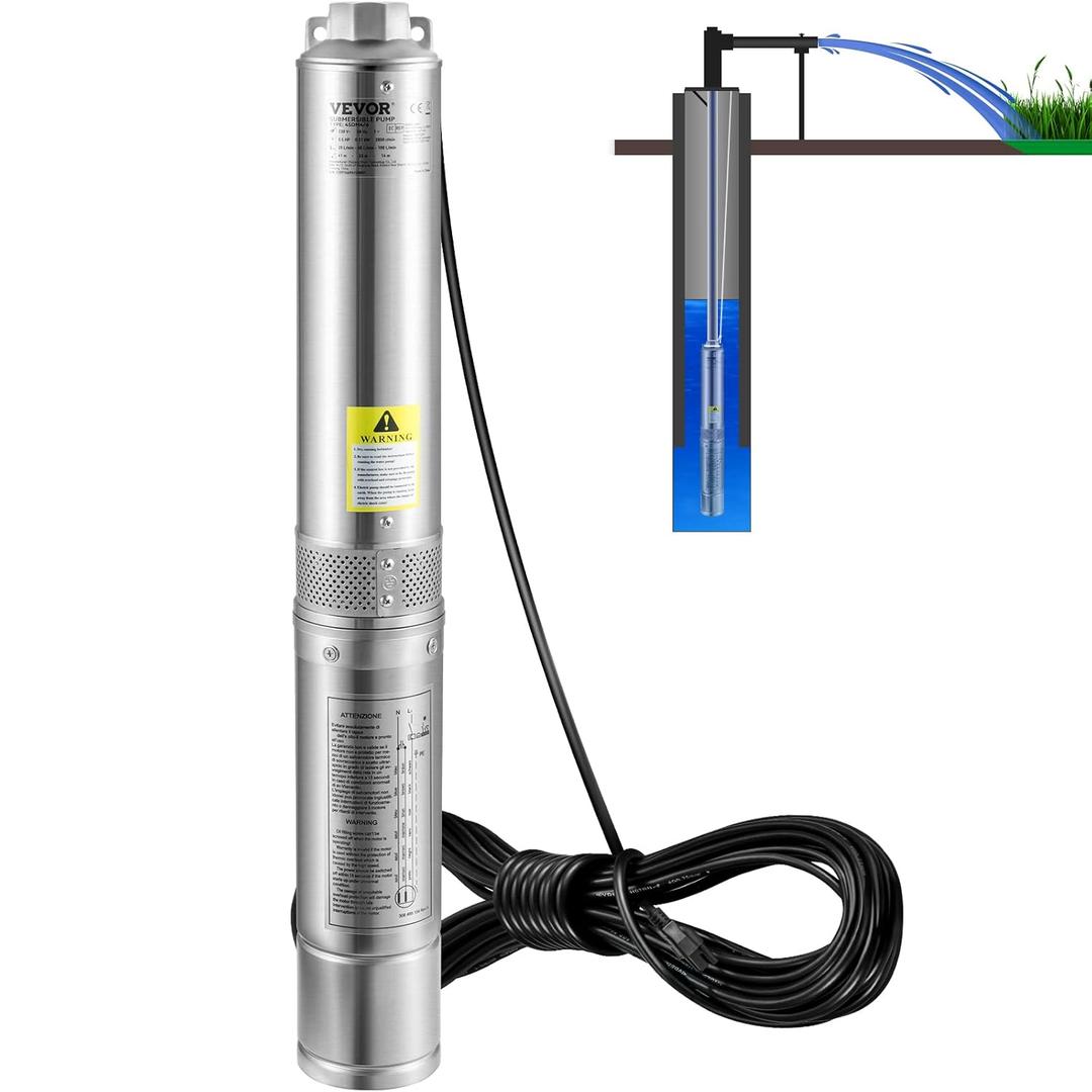 VEVOR Deep Well Submersible Pump, 1HP 115V/60Hz, 37gpm Flow 207ft Head, with 33ft Electric Cord, 4" Stainless Steel Water Pump for Industrial, Irrigation&Home Use, IP68 Waterproof Grade