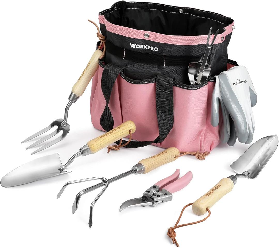 WORKPRO Set of 8 Pink Garden Tool Set, Stainless Steel Gardening Tools with Wood Handle, Including Garden Tote, Gloves, Trowel, Hand Weeder, Cultivator and More, Gardening Gifts For Women - Pink Ribbon