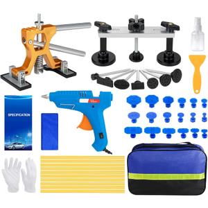 45Pcs Car Dent Puller Kit, Paintless Dent Removal Kit with Adjustable Bridge Puller & Golden Lifter, Hail Damage Dent Repair Kit with 100W Glue Gu for Auto Body Truck Refrigerator DIY Repair
