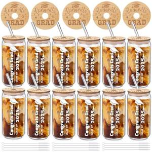 Tioncy 12 Pcs Class of 2025 Graduation Gifts Glass Cups with Bamboo Lids and Straw for Her Him, Congrats Grad College Masters Degree Graduation Gifts, 16 oz 2025 Can Shaped Glass Cup