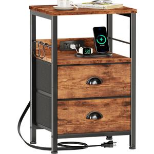 Furologee End Table with Charging Station, Nightstand with Fabric Drawers, Side Table with USB Ports & Outlets, Night Stand with Storage Shelf & Hooks, for Living Room/Bedroom, Rustic Brown