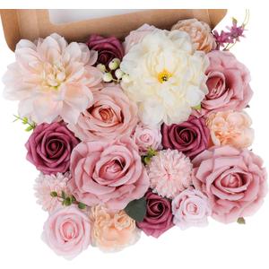 Rose Artificial Flowers Combo Fake Flowers Pink Roses Silk Flowers with Stems for DIY Bridal Wedding Bouquets Centerpieces Arrangements Table Party Baby Shower Home Decor (Champagne Pink)