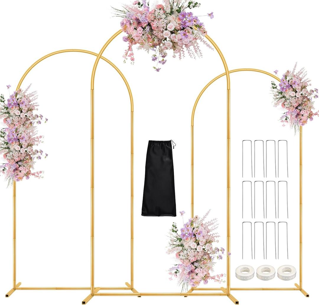 DEVISEFUN Arch Backdrop Stand, 7.2FT, 6.6FT, 6FT Set of 3 Metal Gold Wedding Balloon Arch Stand Kit with Base for Gender Reveal Ceremony Bridal Graduation Party Event Background Decoration