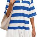 Wenrine Womens Summer Striped Mini Polo V Neck Patchwork Sweatshirt Dress Short Sleeve Loose T Shirt Dresses (Small)