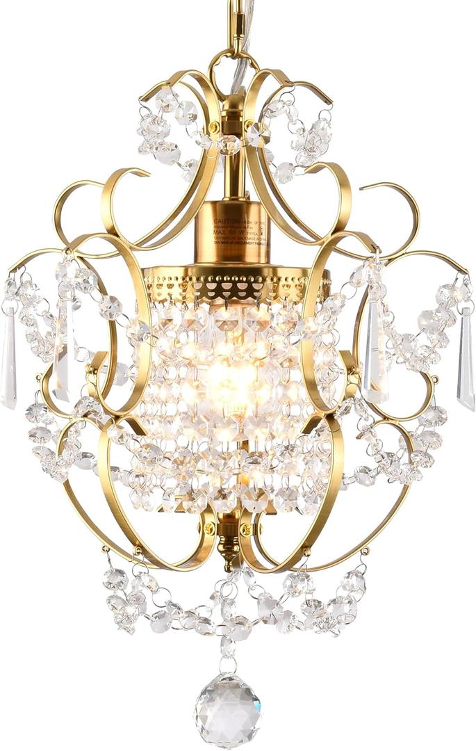 Modern Gold Mini Chandelier, Crystal Light Fixtures Ceiling Mount 1 Light Small Crystal Chandeliers for Bedroom Elegant Crystal Pendant Lighting for Girls Room Dining Room Closet Kitchen Island