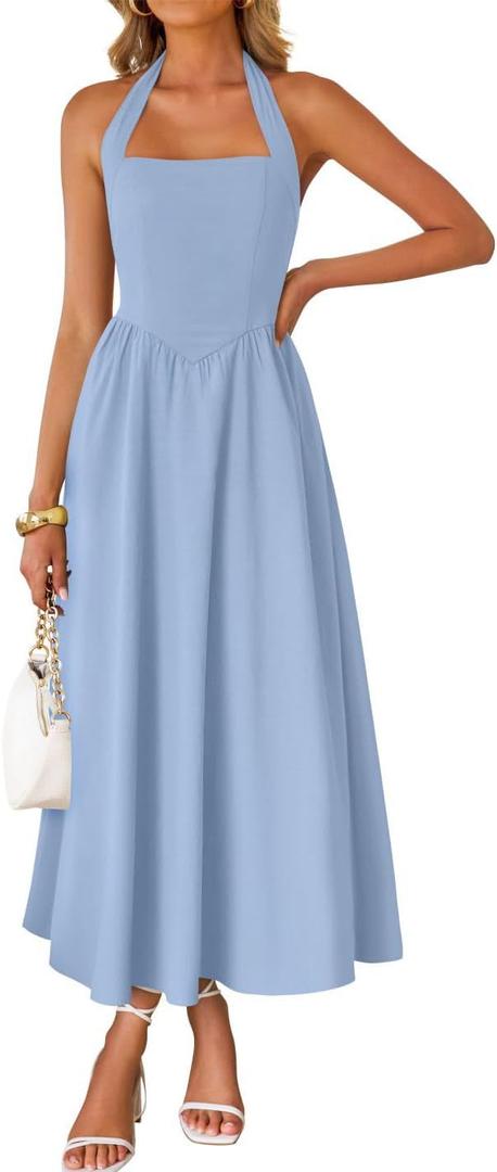 ZESICA Women's Summer Sleeveless Halter Midi Dress 2026 Off Shoulder High Waist Flowy Beach Wedding Guest Long Dresses, Size S (Blue)