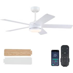 White Ceiling Fans with Lights - 46" Low Profile Ceiling Fan Lights with 5 Blades, Modern Ceiling Fan with Lights and Remote/APP, Dimming, 3CCT, Fan Light Fixture for Indoor Covered Outdoor