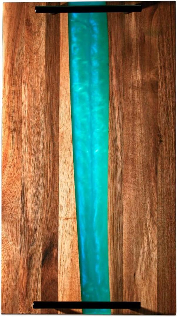 Comfify Visually Stunning Celeste Blue Resin + Acacia Wood Serving Board with Handles - 16x9 Serving Tray for Food, Breakfast in Bed, Coffee Table, Decor, Organization, Snacks, Patio, Lap Tray