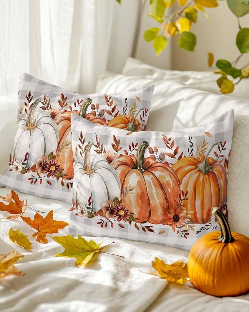 Thanksgiving Pumpkin Throw Pillow Covers 12x20 Set of 2,Fall Leaf Flower Decorative Pillow Covers,Gray White Plaid Cushion Case for Sofa Couch Patio Garden Bedroom
