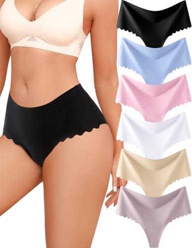 ALL OF SHE Thongs for Women High Waisted Seamless Underwear Women Wave Edge No Show Sexy Breathable Panties 6 Pack M