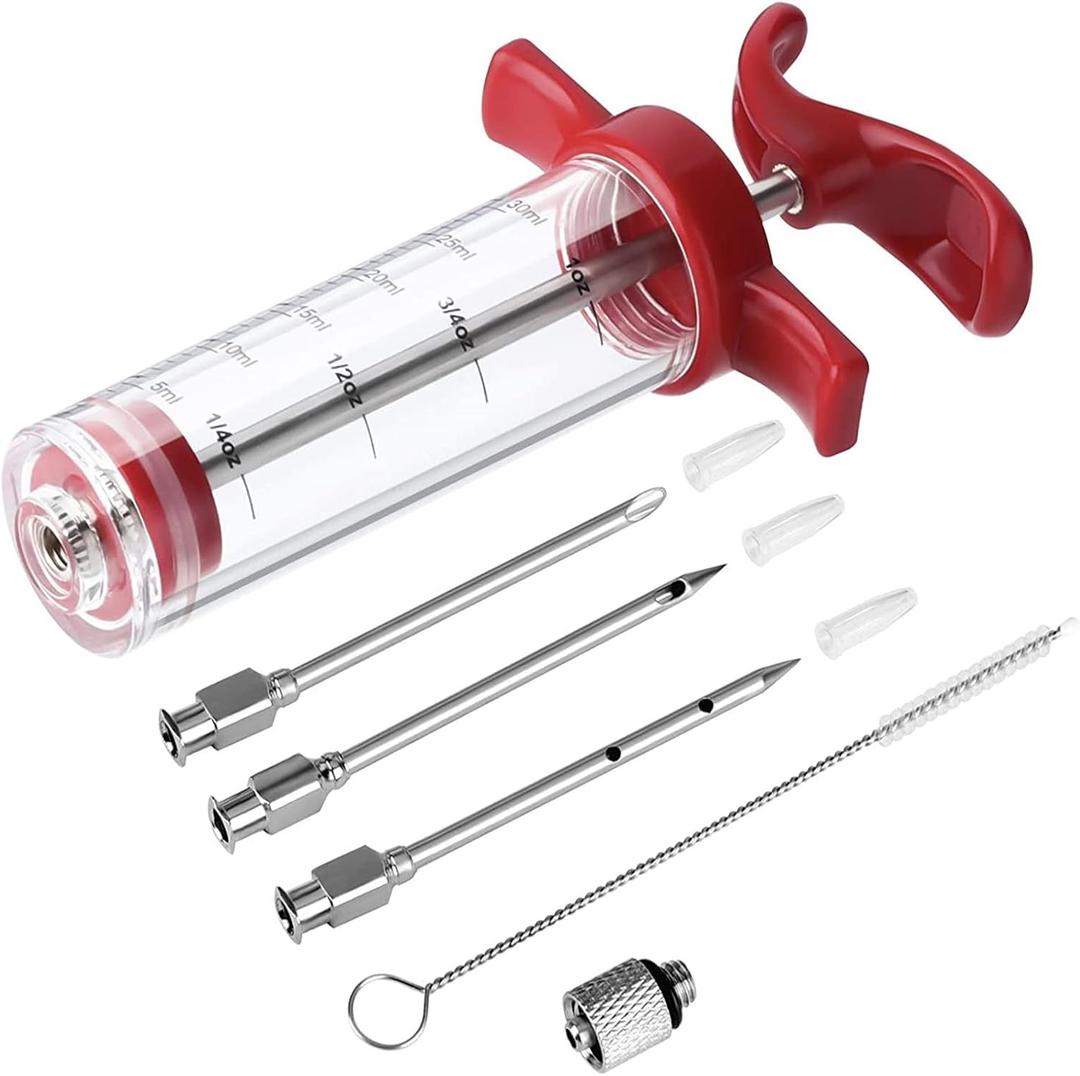 Meat Injector Syringe - 3 Marinade Injector Needles for BBQ Grill, Premium Portable Turkey Injector kit for Smoker, Marinades Injectors for Meats With 1oz Large Capacity 1 Brush Easy to Use & Clean Red