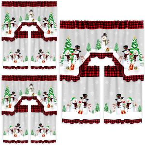 Frienda 9 Pcs Christmas Kitchen Curtains Window Curtains and Valance Set Snowman Christmas Tree Buffalo Plaid Decor for Bedroom Living Room, 60 x 36'' Valance, 36 x 30'' Tier