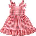Infant Baby Girl Beach Sundress Casual Sleeveless Smocked Boho Dress Halter Ruffle Toddler Summer OutfitRed Plaid, 6-12 Months