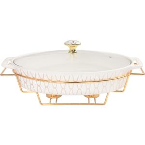 Ceramic Casserole Dish with Glass Lid and rack, 54 ounce Serving Soup Tureen,Chafing Dish for Buffet, Family Food preserve Tray, Catering Casserole for Party Style, White 14.2 Inch Oval