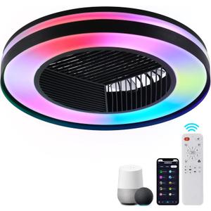 Smart Low Profle Ceiling Fans with RGB Lights Remote/APP/Voice Control, 20" Bladeless Ceiling Fans with 6 Speeds, Timer, Quiet DC Motor, Ceiling Fan with Light for Kids Bedroom/Living Room