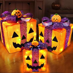 [ 8 Modes & Timer ] 3 Pack Lighted Halloween Pumpkin Decorations with 60 LED Lights Battery Operated Jack-O-Lantern Gift Box Halloween Outdoor Yard Decor for Holiday Home Indoor Garden Party Favors