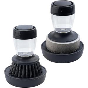 Dish Brush with Soap Dispenser and Holder, Kitchen Scrubber for Dishes Pots Pans, 2-Pack Combo Set